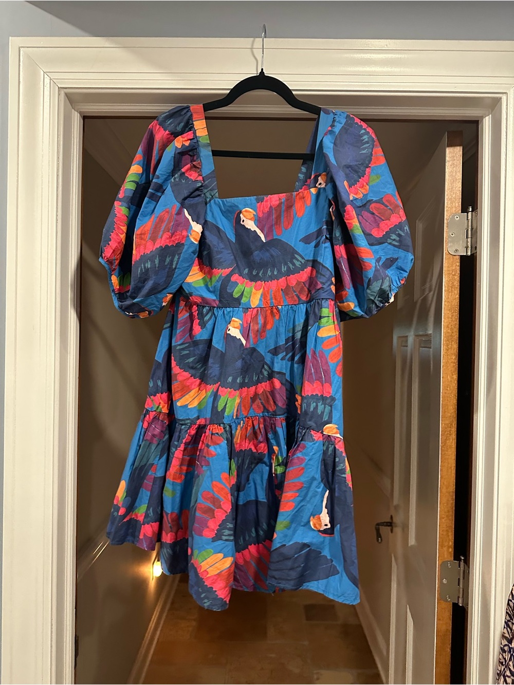 FARM Rio Blue Parrot-Print Puff Sleeve Dress